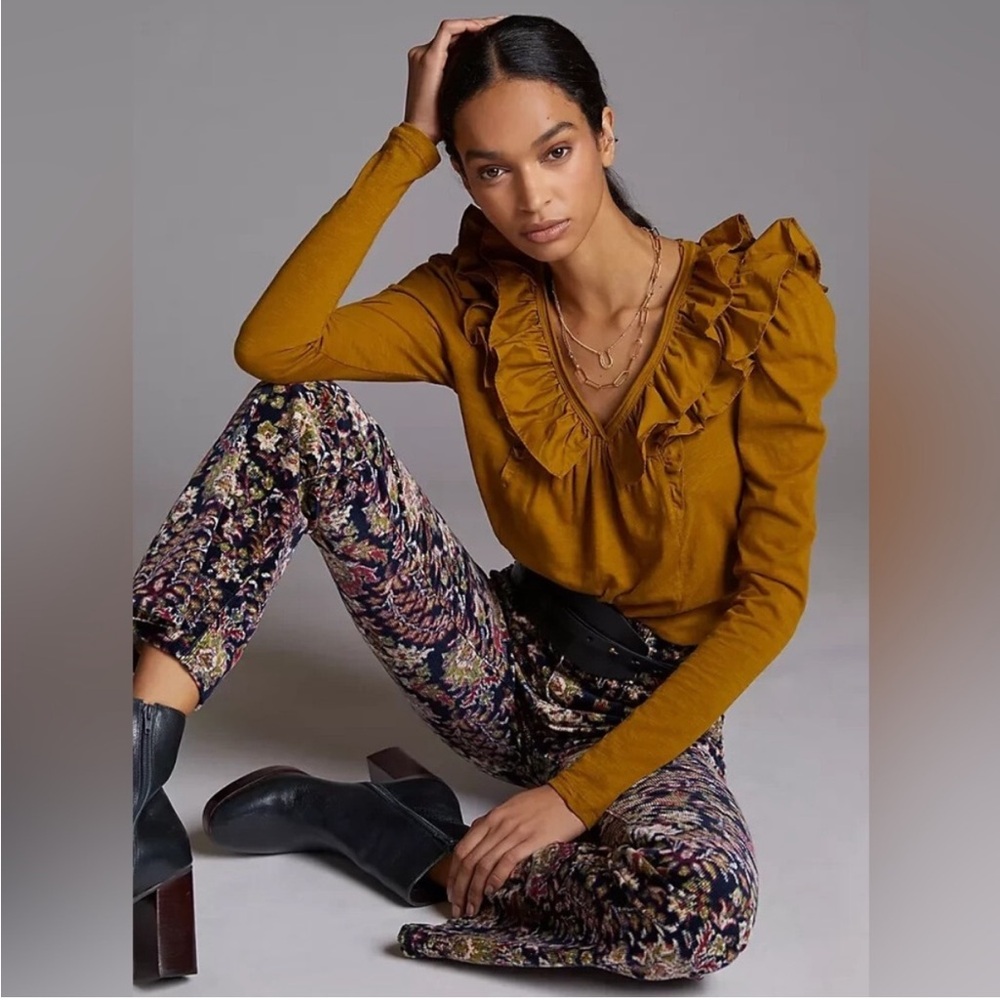 NWT Anthropologie Deep V-ruffle Longs Sleeve‎ Shirt S